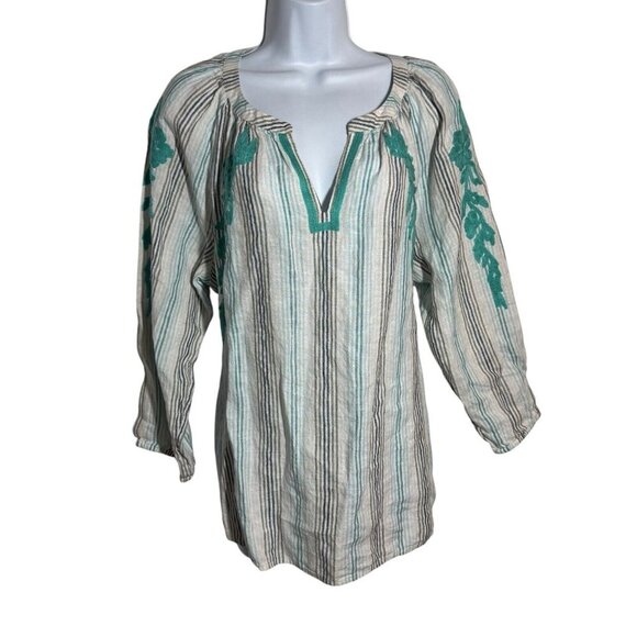 J. jill linen striped embroidered 100% linen boho tunic Top Size Medium relaxed - Picture 9 of 9